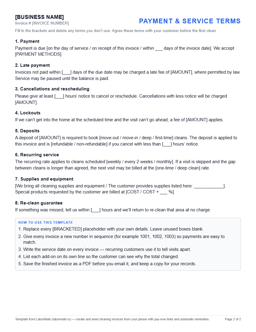 Preview of page 2 of the template: fill-in-the-blank payment and service terms and instructions for using the template.