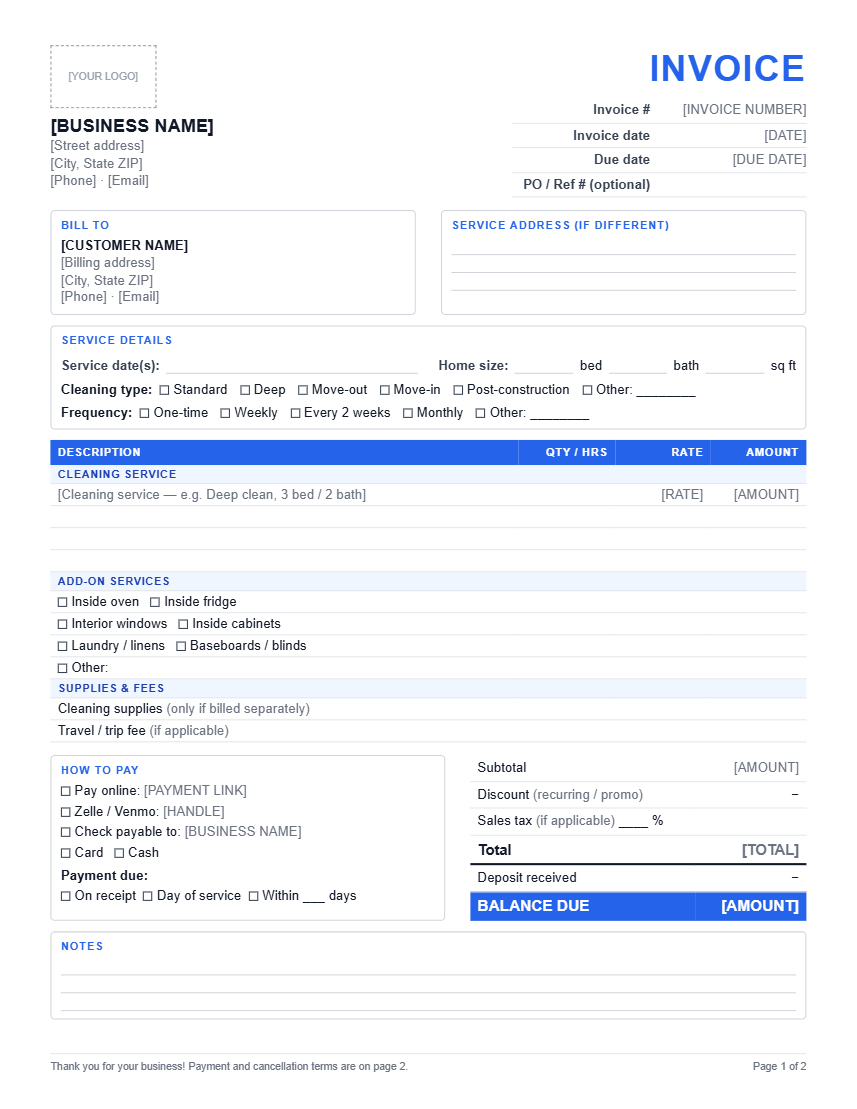 Preview of page 1 of the cleaning service invoice template: business and customer details, service address, cleaning type and frequency checkboxes, line items for cleaning, add-ons, supplies and fees, totals with deposit and balance due, payment options and notes.
